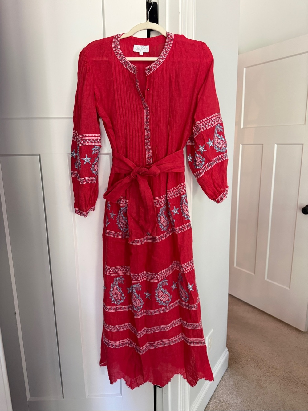 ASHA Red Embroidered India Nantucket Midi Dress Waist Tie